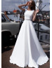 White Satin V Back Wedding Dress With Beaded Belt